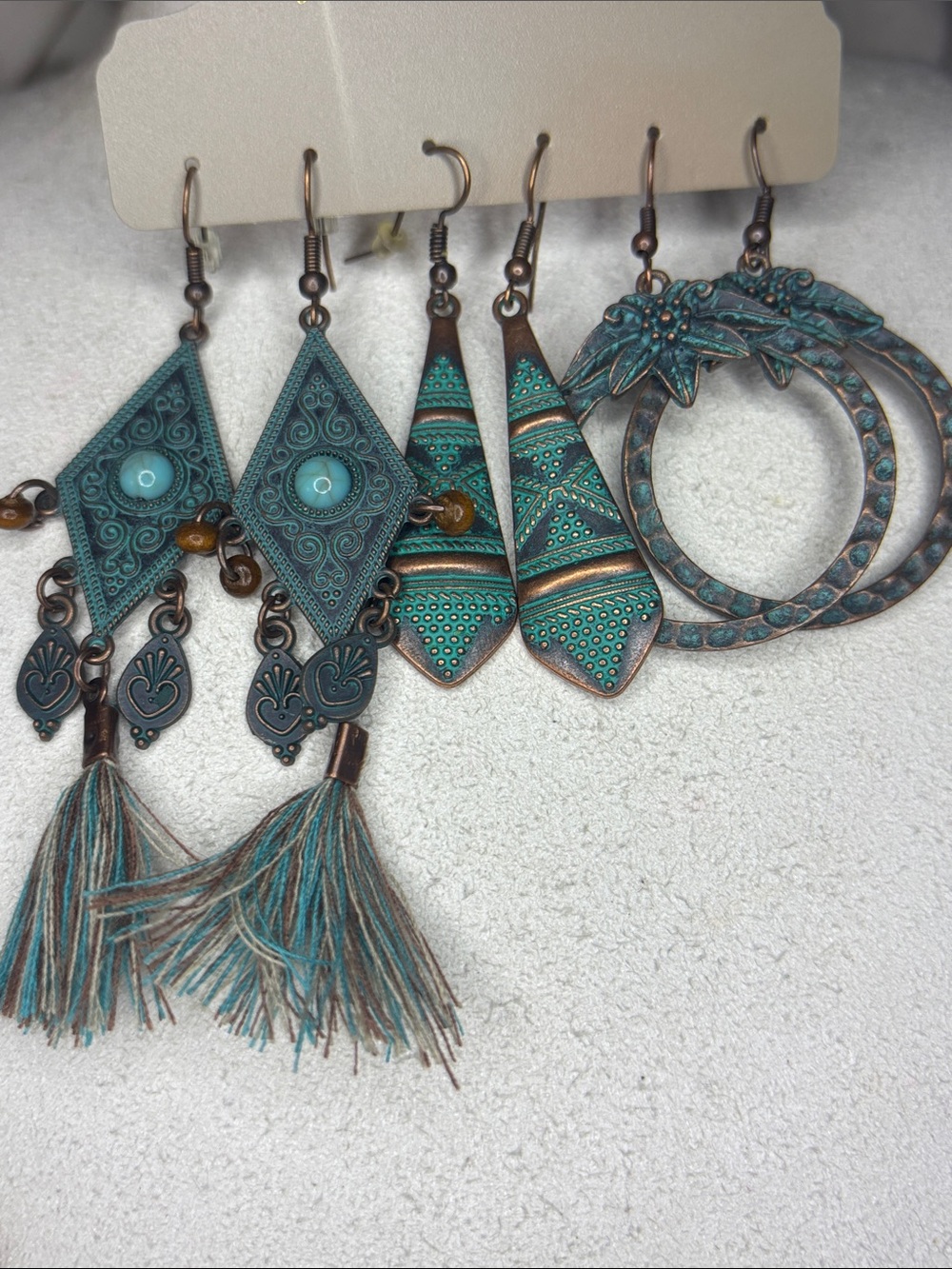 copper and blue boho tassel statement earring trio